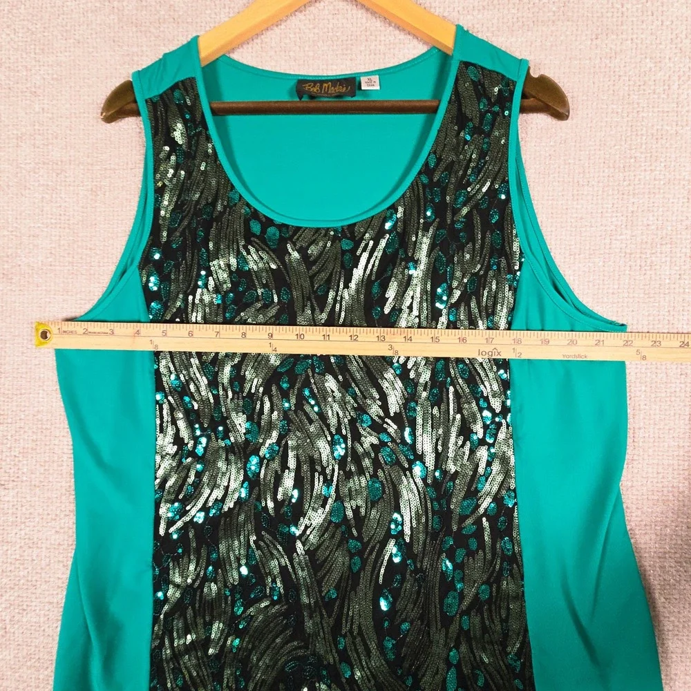 Bob Mackie Wearable Art Womens XL Teal Green Sequin Front Sleeveless Tank Top - Picture 5 of 9